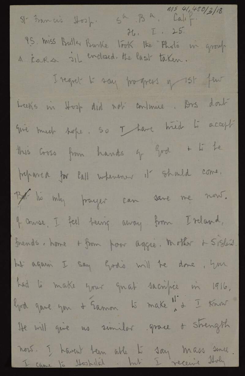 Letter from "Ailbe Bibhs" [Father Albert Bibby], St. Francis Hospital, California to Áine Ceannt one month before his death,