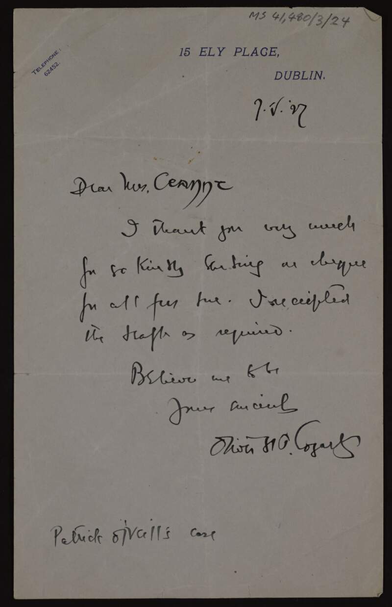 Letter from Oliver St. John Gogarty to Áine Ceannt thanking her for a cheque,