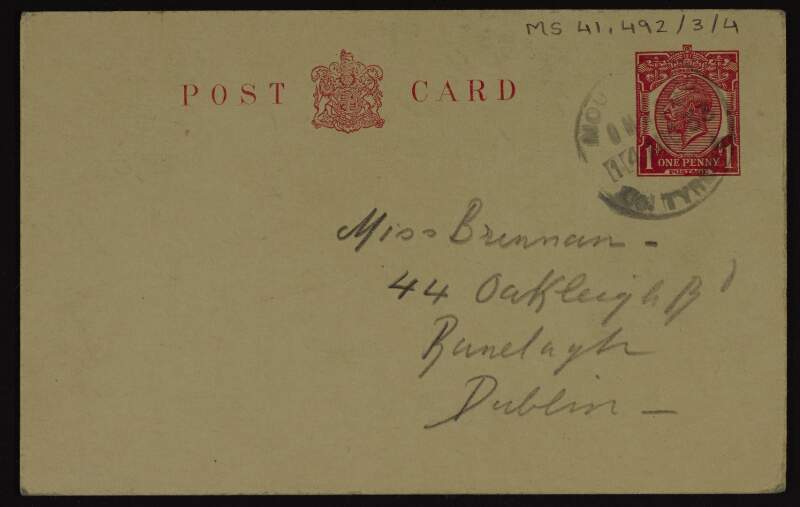 Postcard from Alice Milligan to Lily O'Brennan concerning her nephew's injured back and her recent train journey,