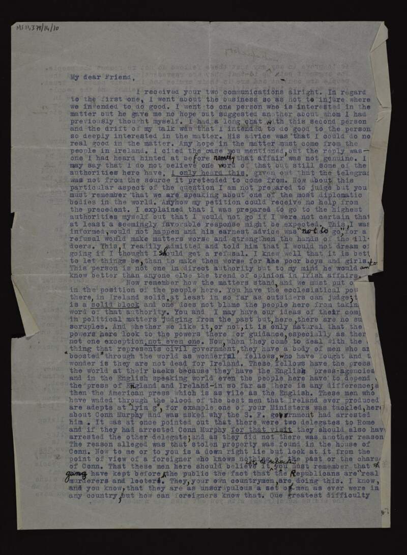 Partial copy letter from an unidentified author to unidentified recipient, discussing injustices against republicans and prisoners,