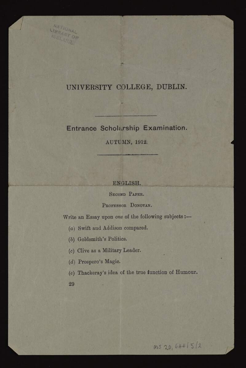 Examination paper for entrance scholarship for University College Dublin,