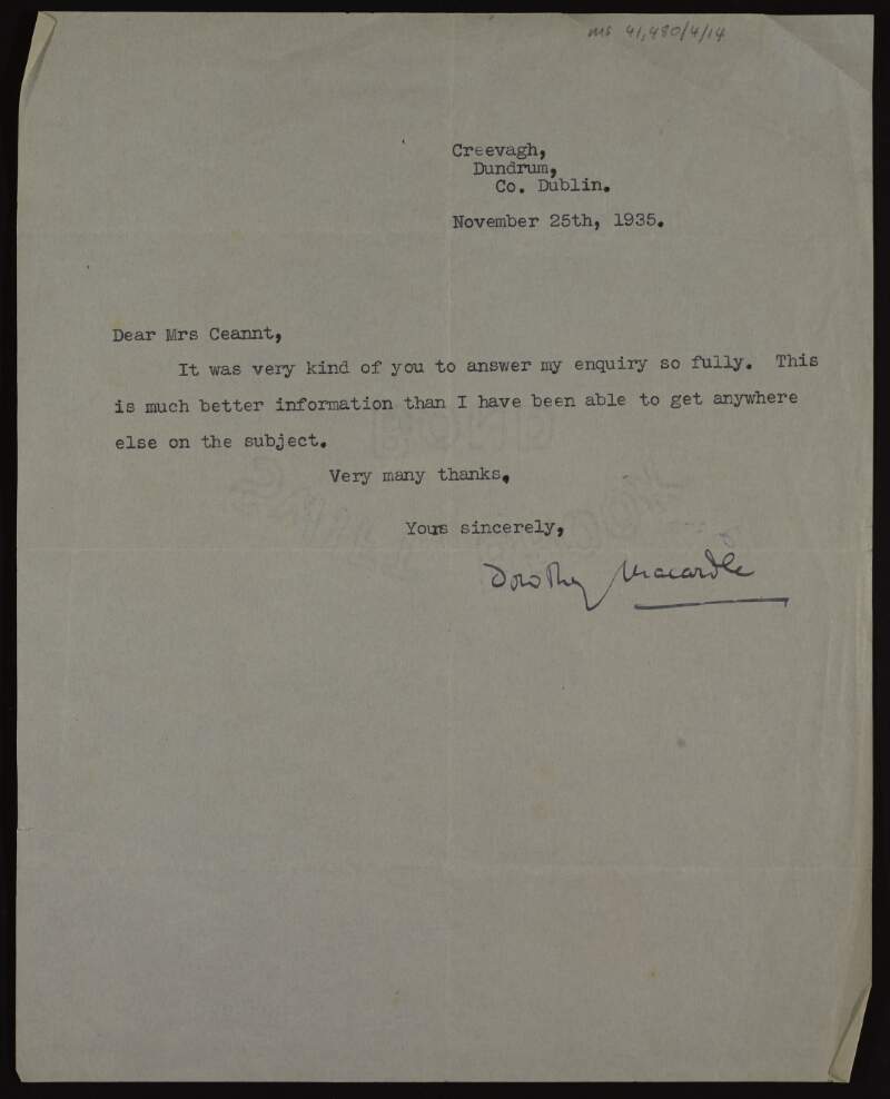 Letter from Dorothy Macardle to Áine Ceannt thanking her for some information that she could not have gotten anywere else,