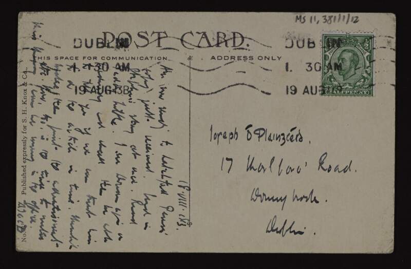 Postcard from Thomas MacDonagh to Joseph Mary Plunkett from Whirlpool Rapids, Niagara Falls,
