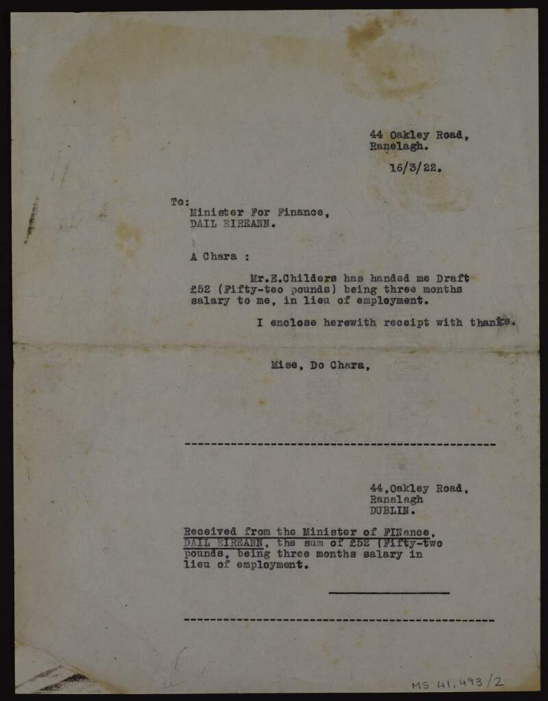 Letter from Lily O'Brennan to the Minister for Finance [Michael Collins] acknowledging receipt of her salary,