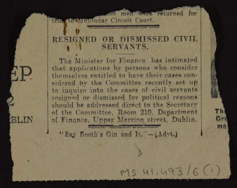 Letter from Lily O'Brennan to the Department of Finance concerning her case for dismissal from the Civil Service,