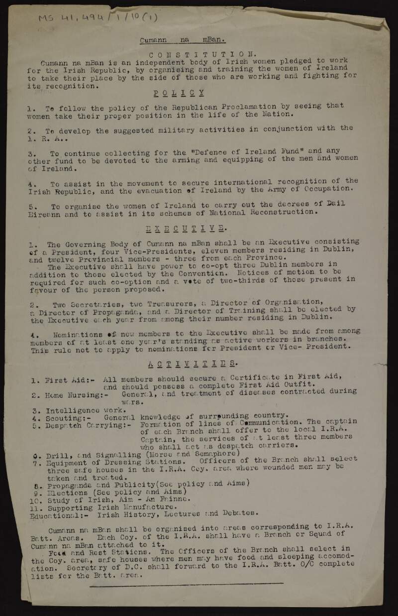 Drafts of the Cumann na mBan constitution,
