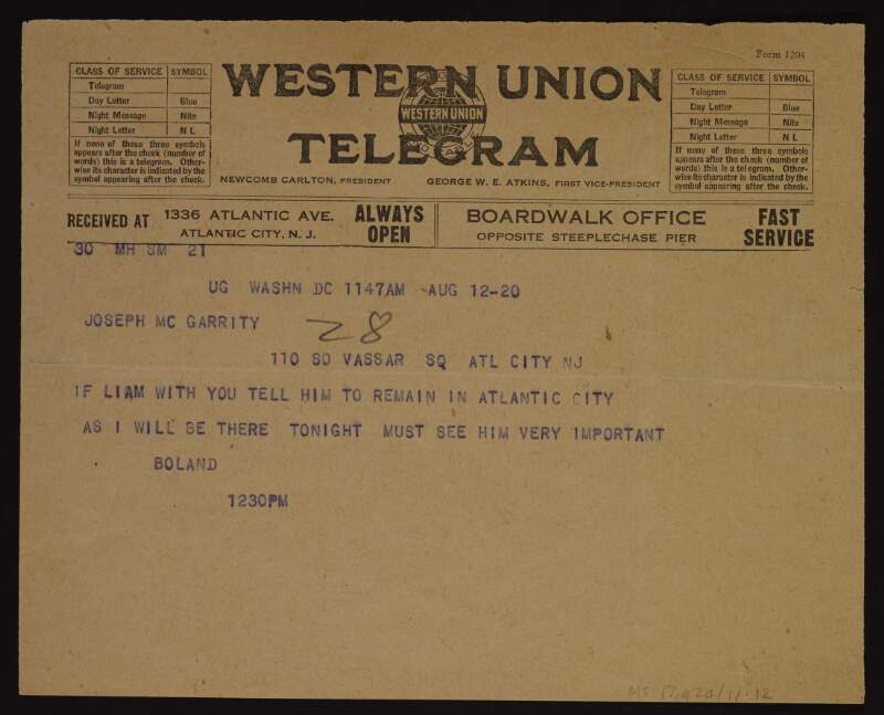 Western Union Telegram from Harry Boland, Washington, District of Columbia, to Joseph McGarrity, Atlantic City, New Jersey, requesting Liam Pedlar to remain in Atlantic City,