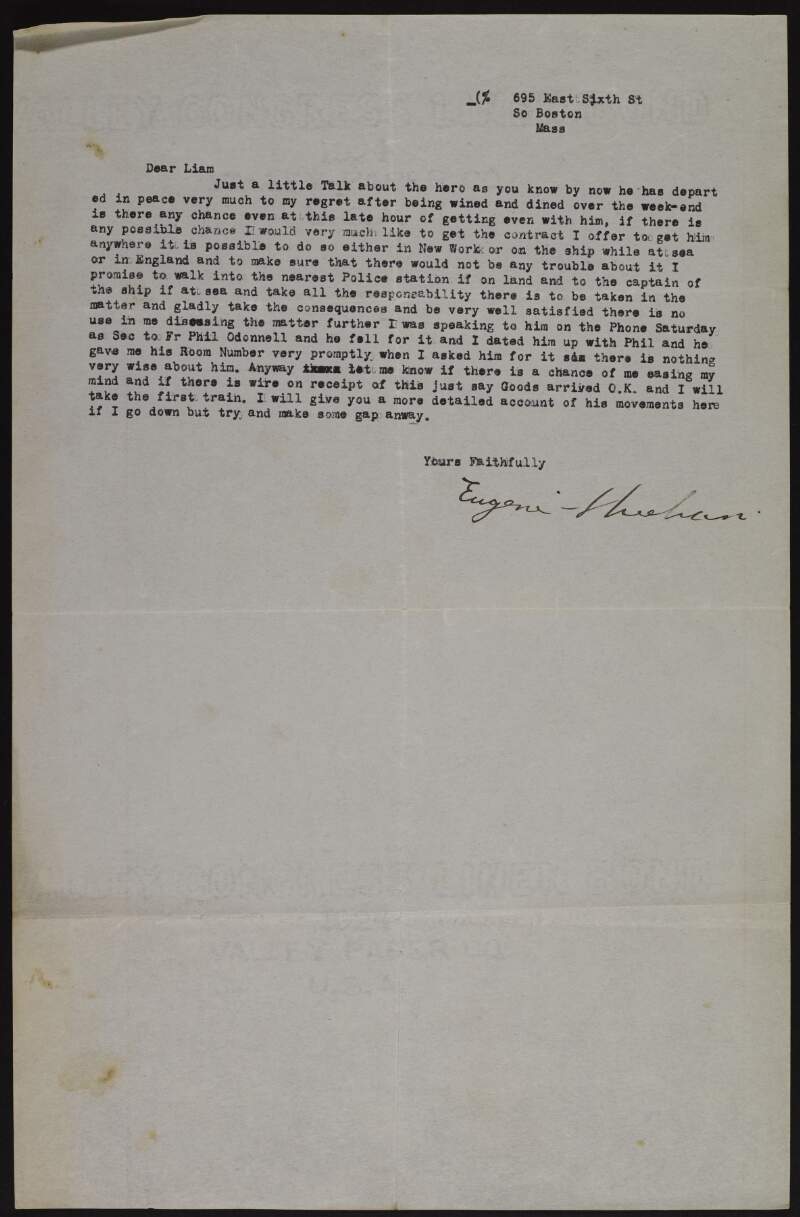 Letter from Eugene Sheehan to Liam Pedlar regretting not meeting "the hero",