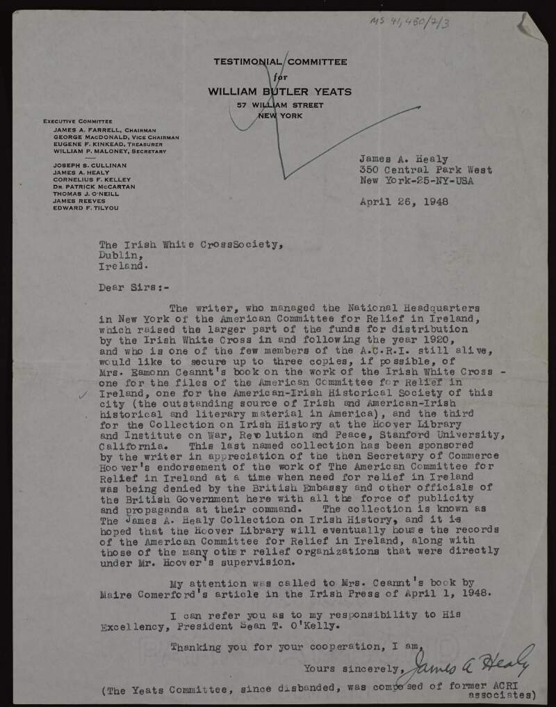 Letter from James A. Healy to the Irish White Cross requesting copies of Áine Ceannt's book about the Irish White Cross,