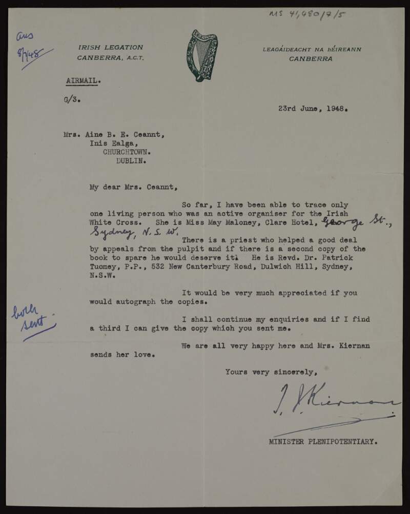 Letter from T. J. Kiernan, Minister Plenipotentiary, Canberra, Australia to Mrs. [Áine] Ceannt requesting autographed copies of her book on the Irish White Cross for former members in Australia,