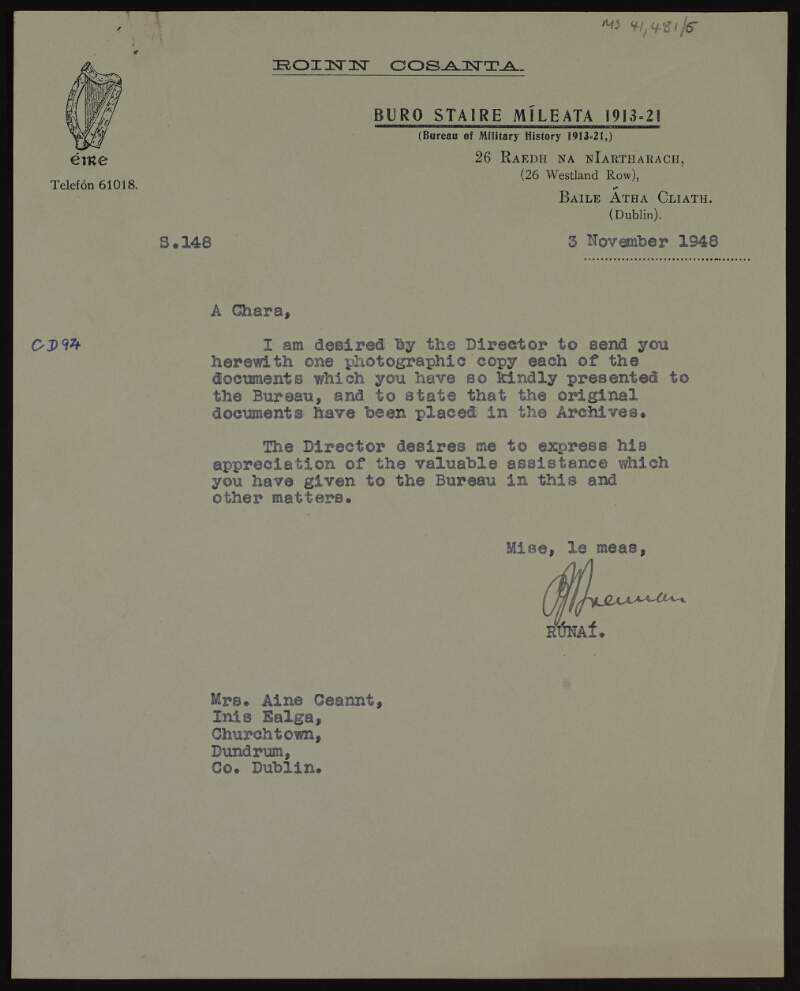 Letter from P. J. Brennan, Secretary of Bureau of Military History to Áine Ceannt returning photographic copies of documents she gave to the Bureau of Military History Archives,