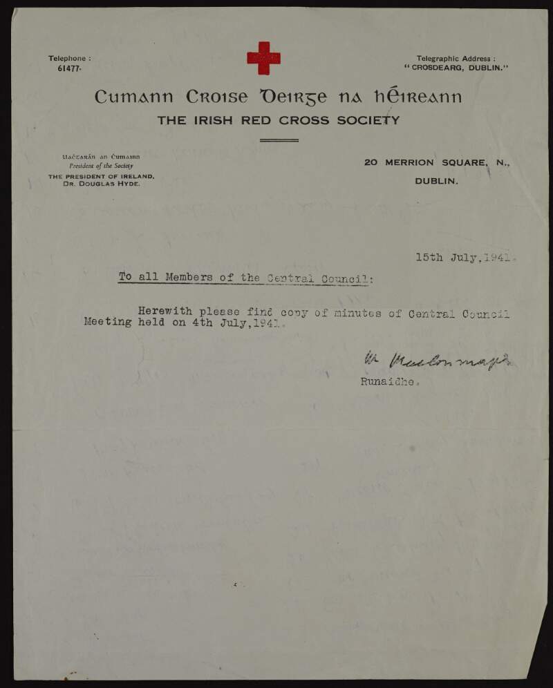 Handwritten list of documents by Áine Ceannt related to Éamonn Ceannt and the Easter Rising on the verso of a circular letter from the Irish Red Cross,