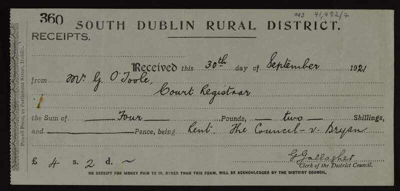 Receipt from G. Gallagher, Clerk of the South Dublin Rural District Council to G[earoid] O'Toole, Court Registrar for the Rathmines and Rathgar Township for rent,