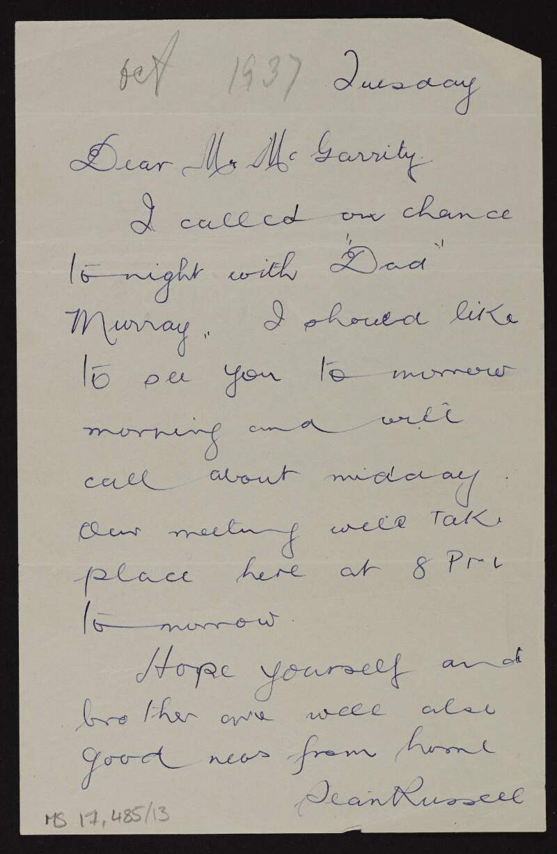 Letter from Seán Russell to Joseph McGarrity arranging a meeting, with reference to "'Dad' Murray",