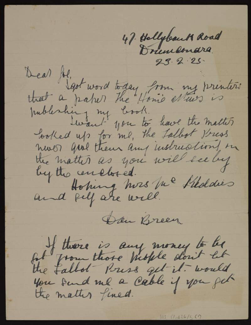 Letter from Dan Breen to Joseph McGarrity regarding the publication of his book 'My fight for Irish freedom', with enclosed letter from the Talbot Press,