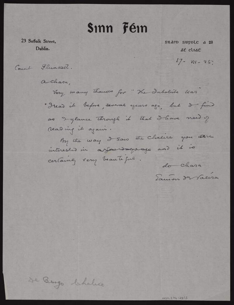 Letter from Éamon De Valera to George Noble Plunkett, Count Plunkett, thanking him for the book and commenting on the beauty of the DeBurgh Chalice,