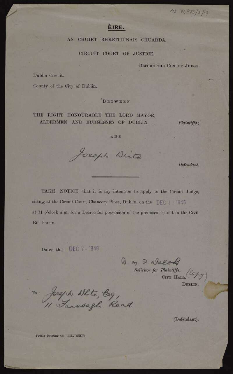 Notice of a sitting of the Dublin Circuit Court for a case between the Lord Mayor (plaintiff) and Joseph White (defendant) on a decree of possession of premises,