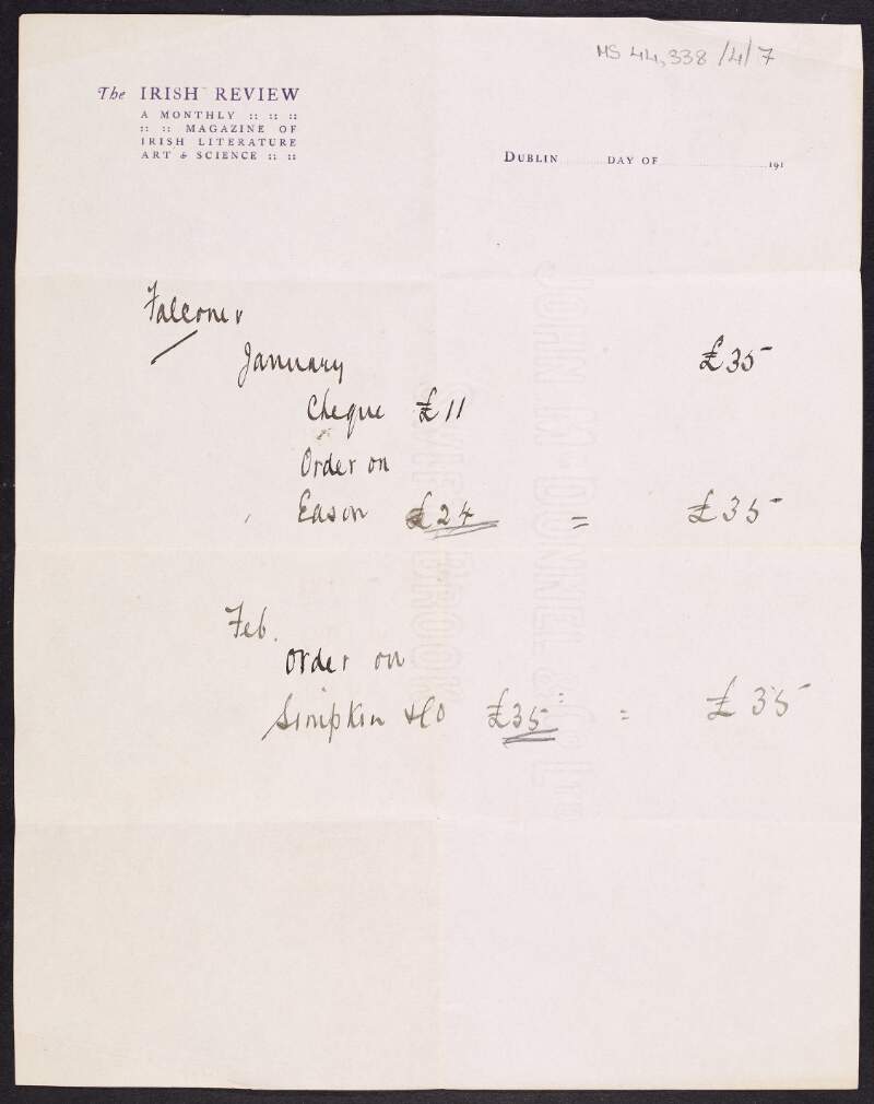 Accounts by Thomas MacDonagh of balances due to Eason's and Simpkin & Co.,