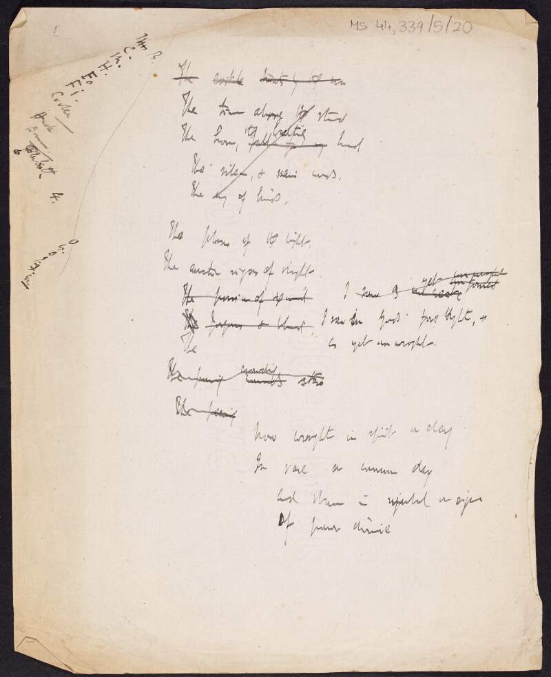 Draft manuscript of untitled poem, which refers to light and day, written by Thomas MacDonagh,