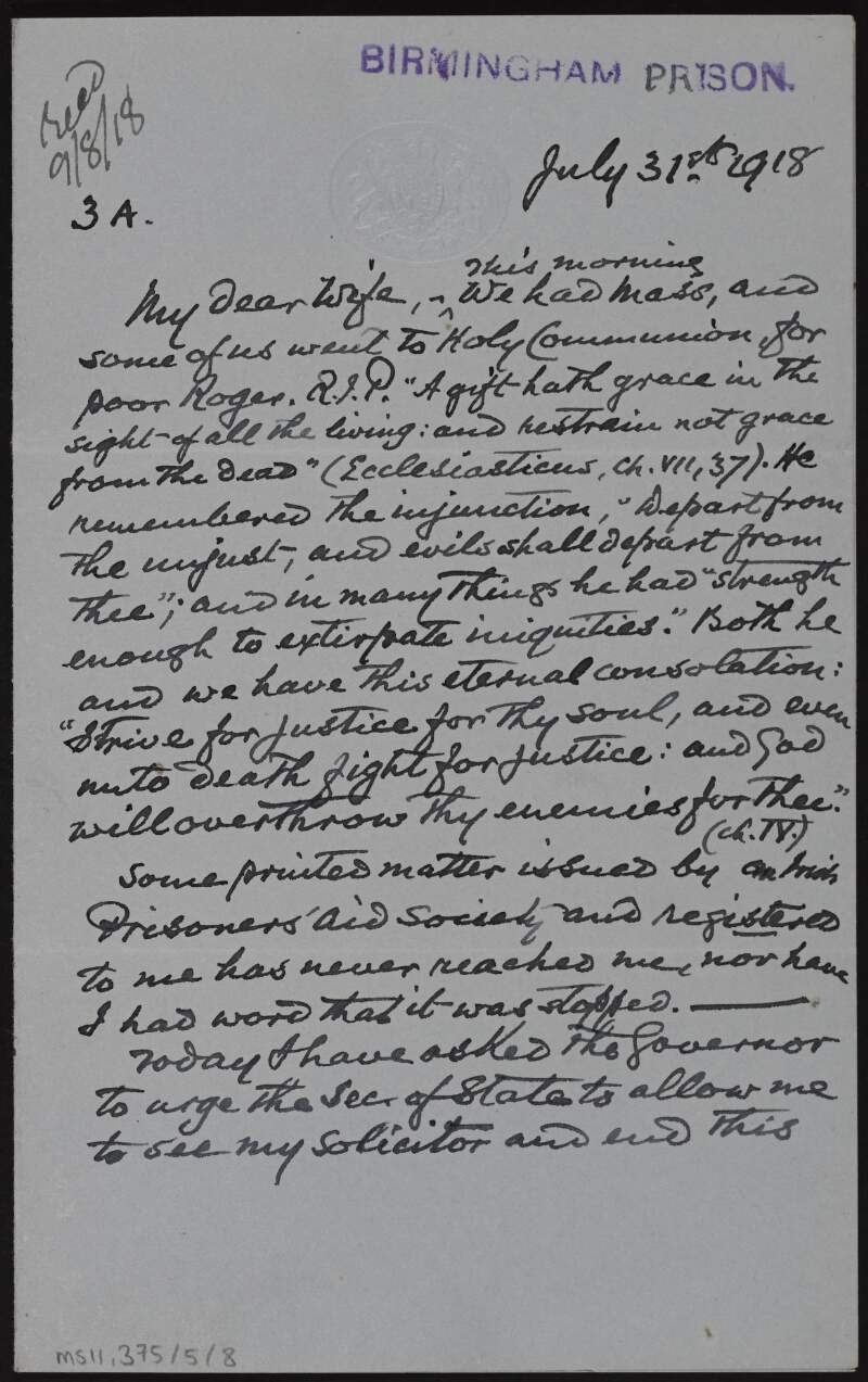Letter to Mary Josephine Plunkett, Countess Plunkett, from George Noble Plunkett, Count Plunkett, regarding the death of "Roger", his wishes to see his solicitor, and speaking about the company he keeps in prison,