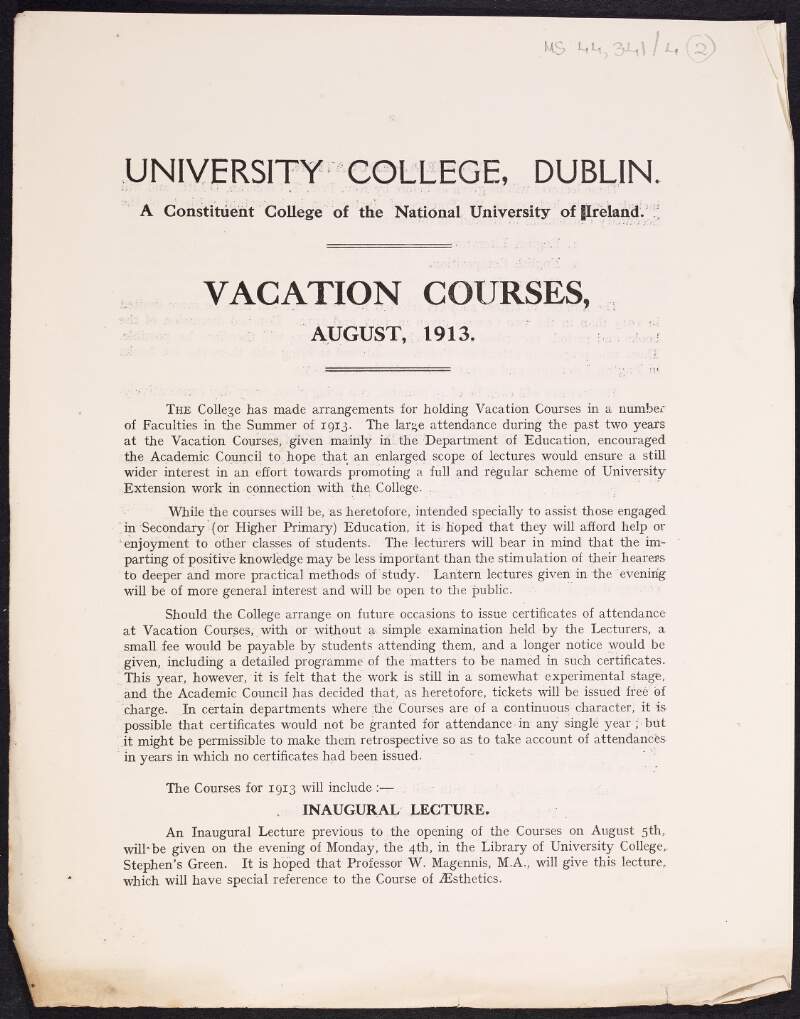 Four pamphlets for August vacation courses held by University College Dublin at Earlsfort Terrace, which includes Thomas MacDonagh as one of the lecturers for the English course,