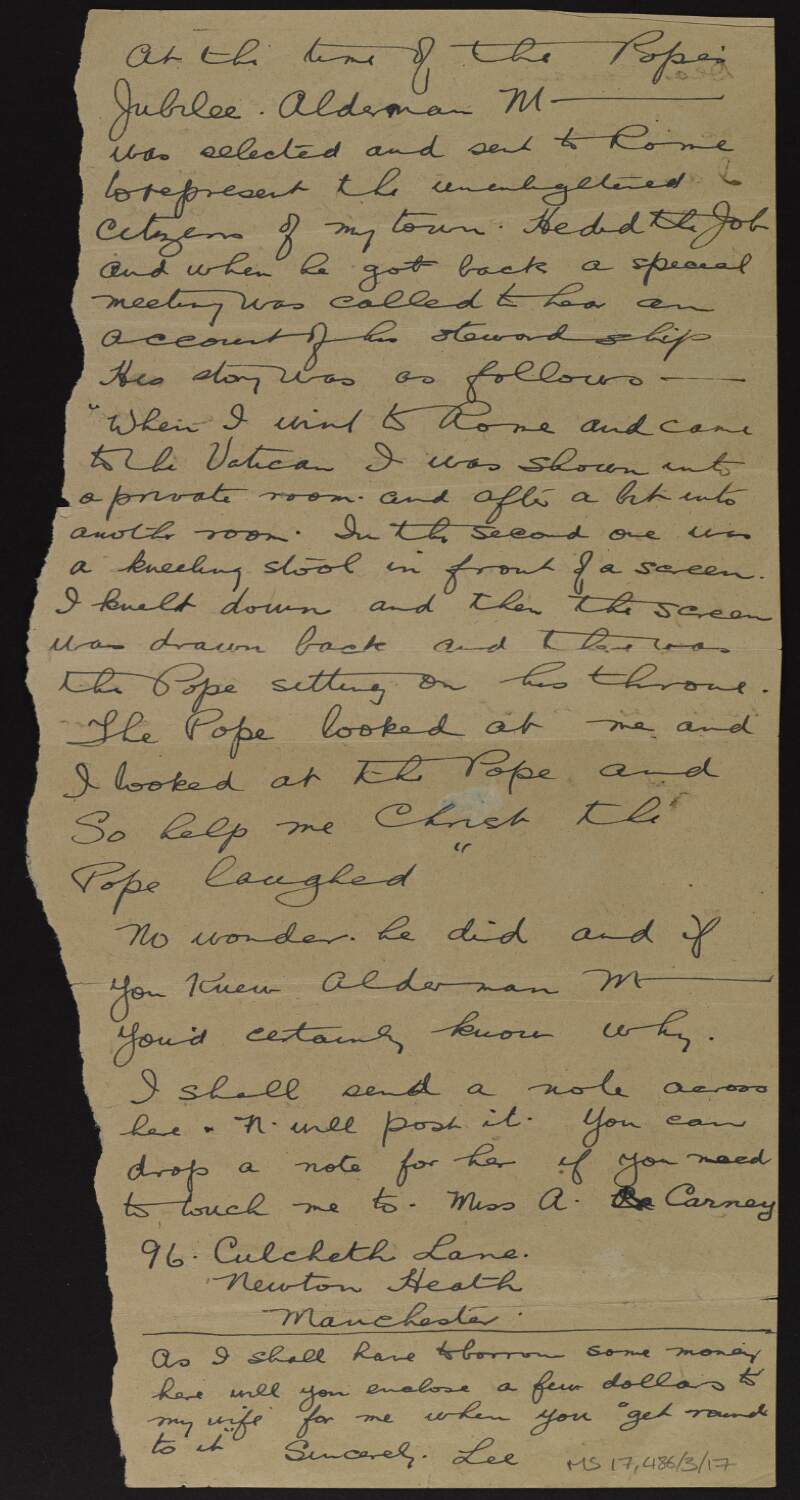 Draft letter from "Lee" to "Peters" regarding supply difficulties resulting from the French occupation of the Ruhr, and "Alderman M's" visit with the Pope, including a contact address for "Lee",