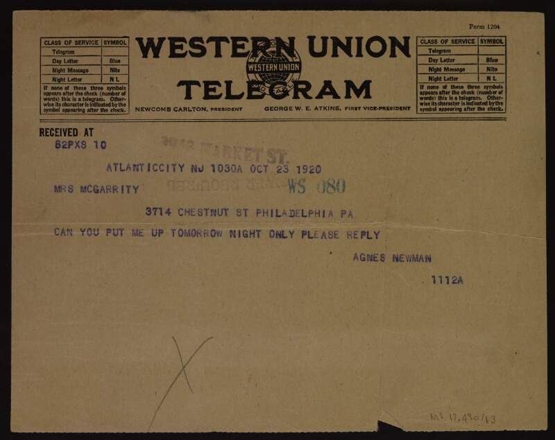 Western Union Telegram from Agnes Newman to Joseph McGarrity asking him if he can put her up for the following night only,