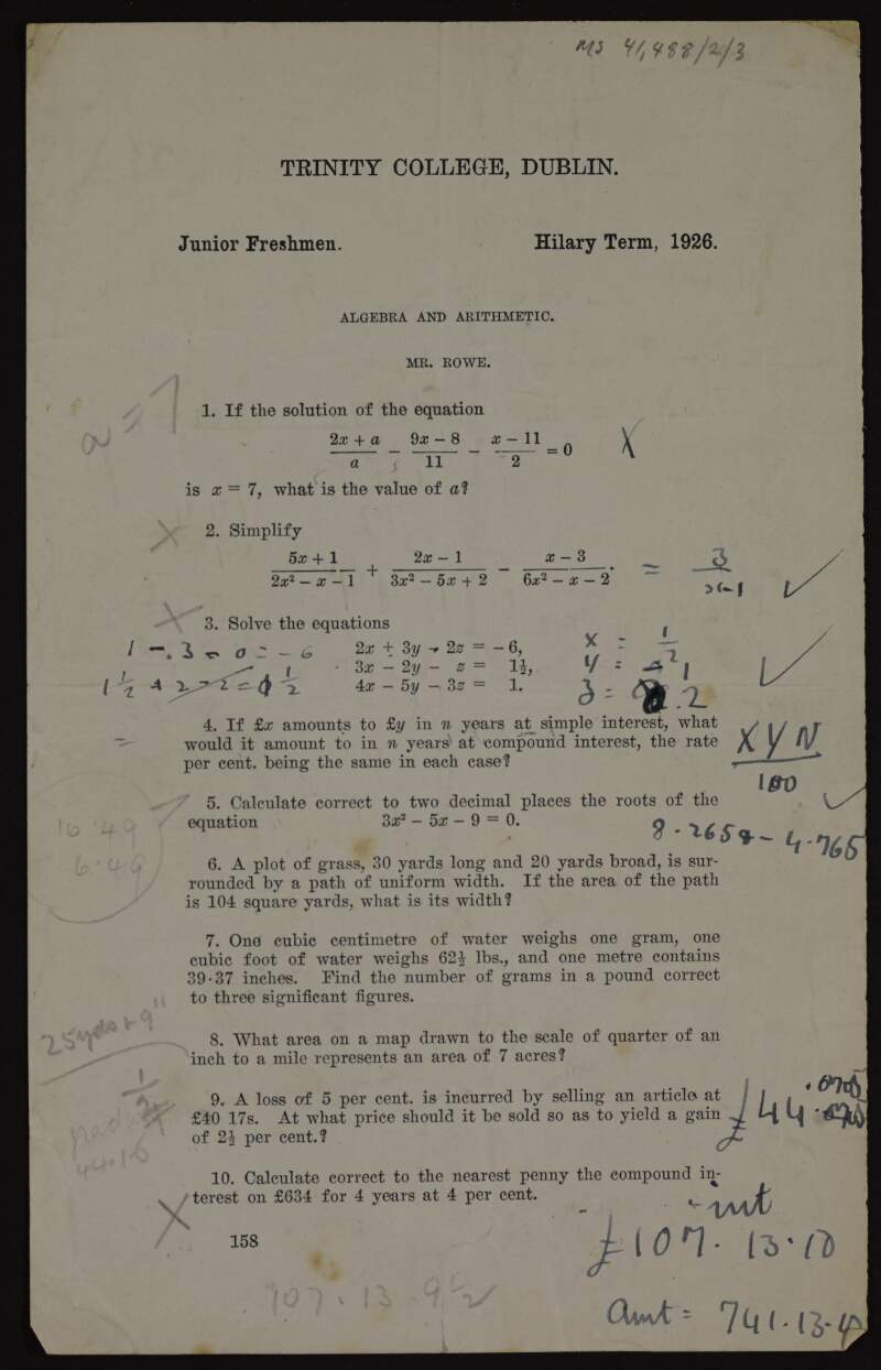 Examination paper for Rónán Ceannt from Trinity College Dublin in Junior Freshmen Algebra and Arithmetic,