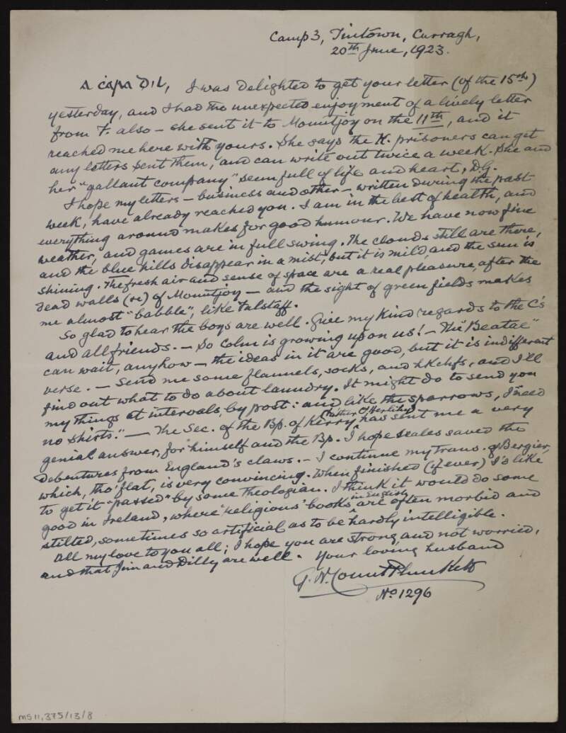 Letter to Mary Josephine Plunkett, Countess Plunkett, from George Noble Plunkett, Count Plunkett, regarding the sense of space in the Curragh Camp, his continued translation work, and a request for some more clothes,