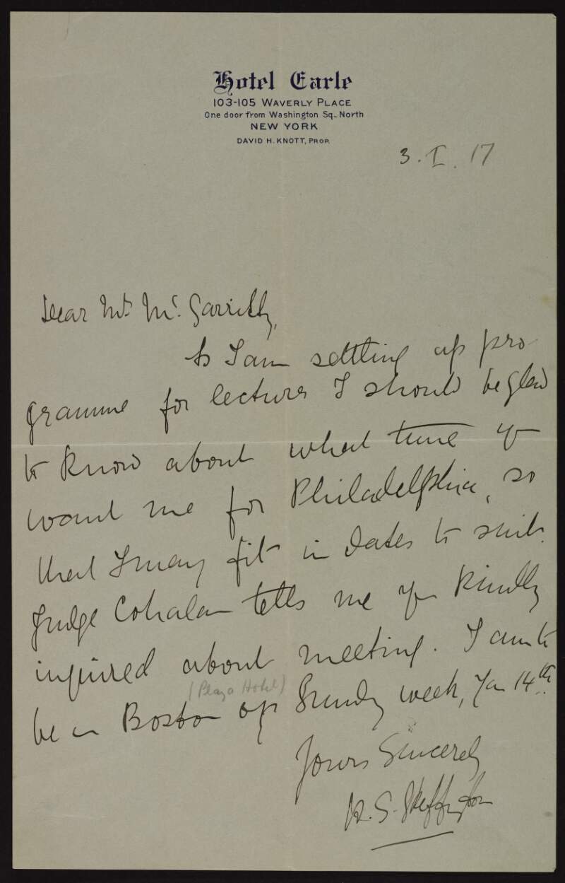 Letter from Hanna Sheehy-Skeffington to Joseph McGarrity arranging a lecture in Philadelphia,