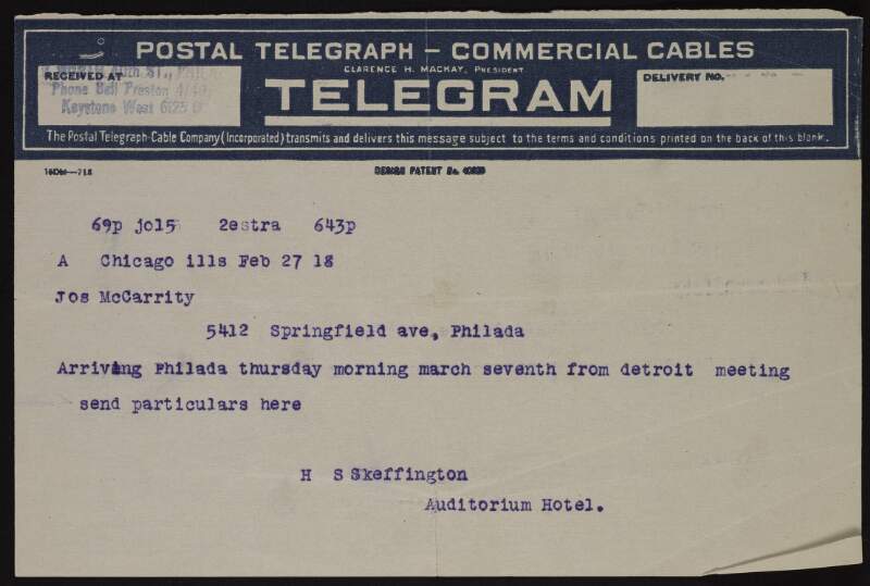 Telegram from Hanna Sheehy-Skeffington to Joseph McGarrity informing him of her arrival in Philadelphia,