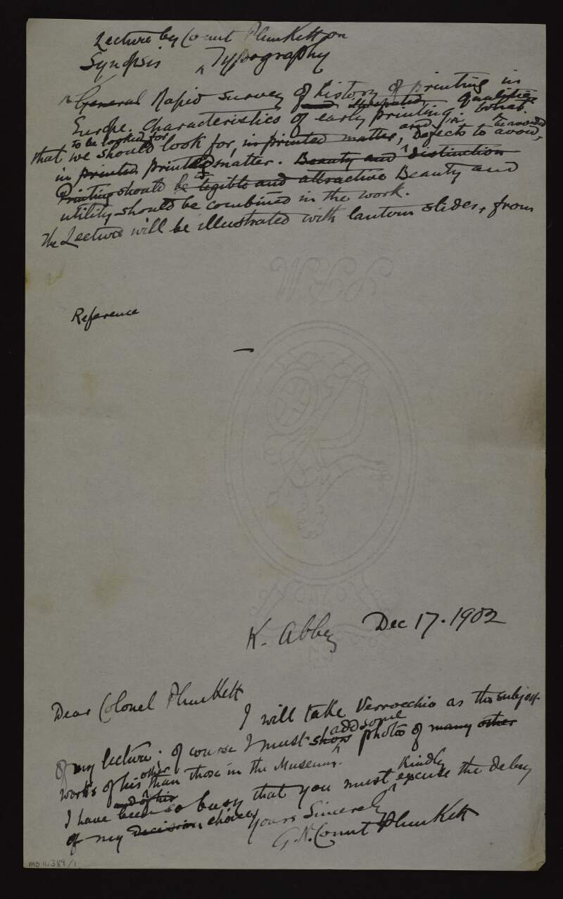 Note by George Noble Plunkett, Count Plunkett and a draft letter to Colonel Plunkett regarding a lecture upon Andrea del Verrocchio,