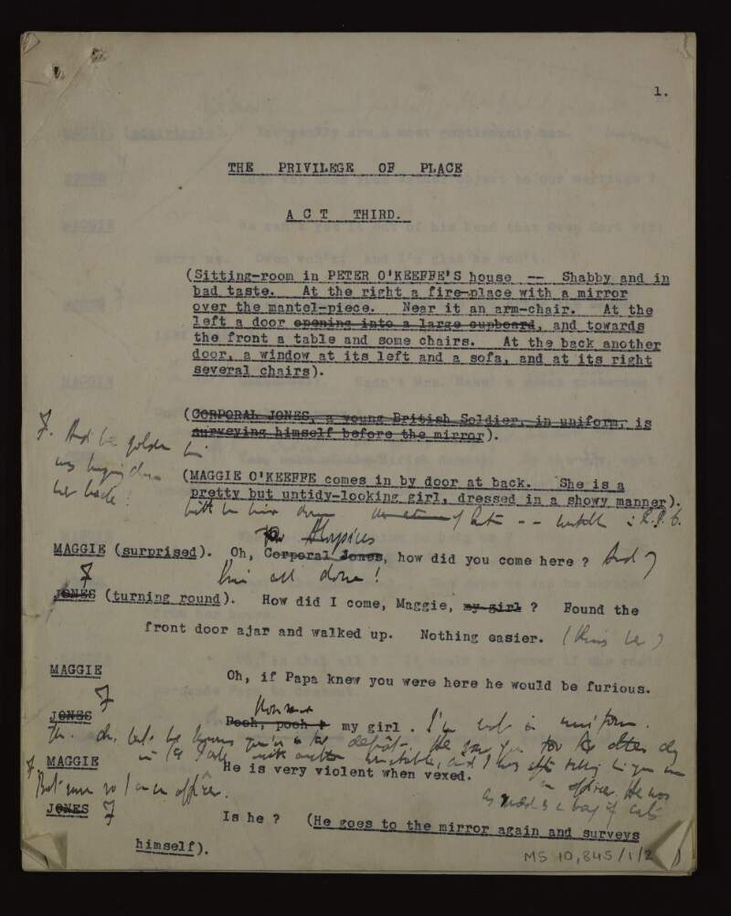 Annotated typescript draft of act three of the play 'The privilege of place',