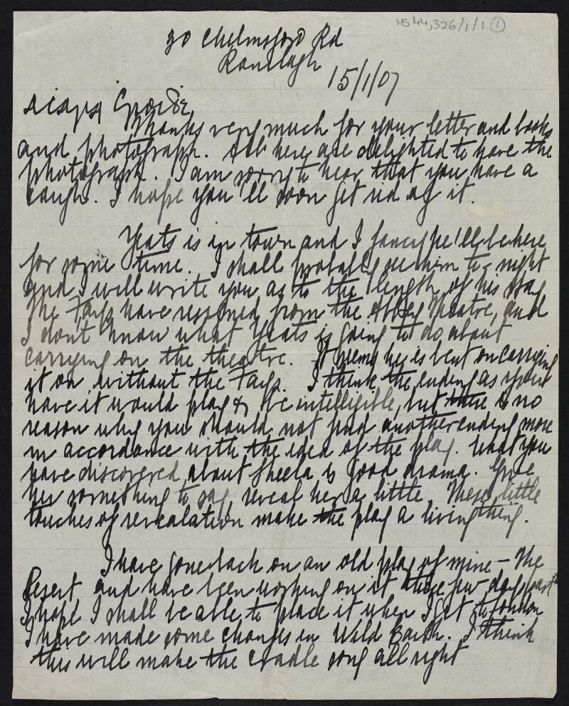 Letter from Padraic Colum to Thomas MacDonagh regarding news on the Abbey Theatre in Dublin, including news that the Fay brothers (William and Frank) have resigned from the Abbey Theatre and how it is uncertain whether W.B. Yeats will carry on the theatre, also includes literary advice from Padraic on Thomas' play "When the Dawn is Come", and prints of parts of Padraic's poetry for revision by Thomas,