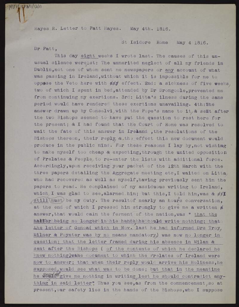 Copy of letter from Richard Hayes to Patt Hayes regarding the lack of news from Dublin, Hayes' and Cardinal Lorenzo Litta's illness and referring to Ercole Consalvi,