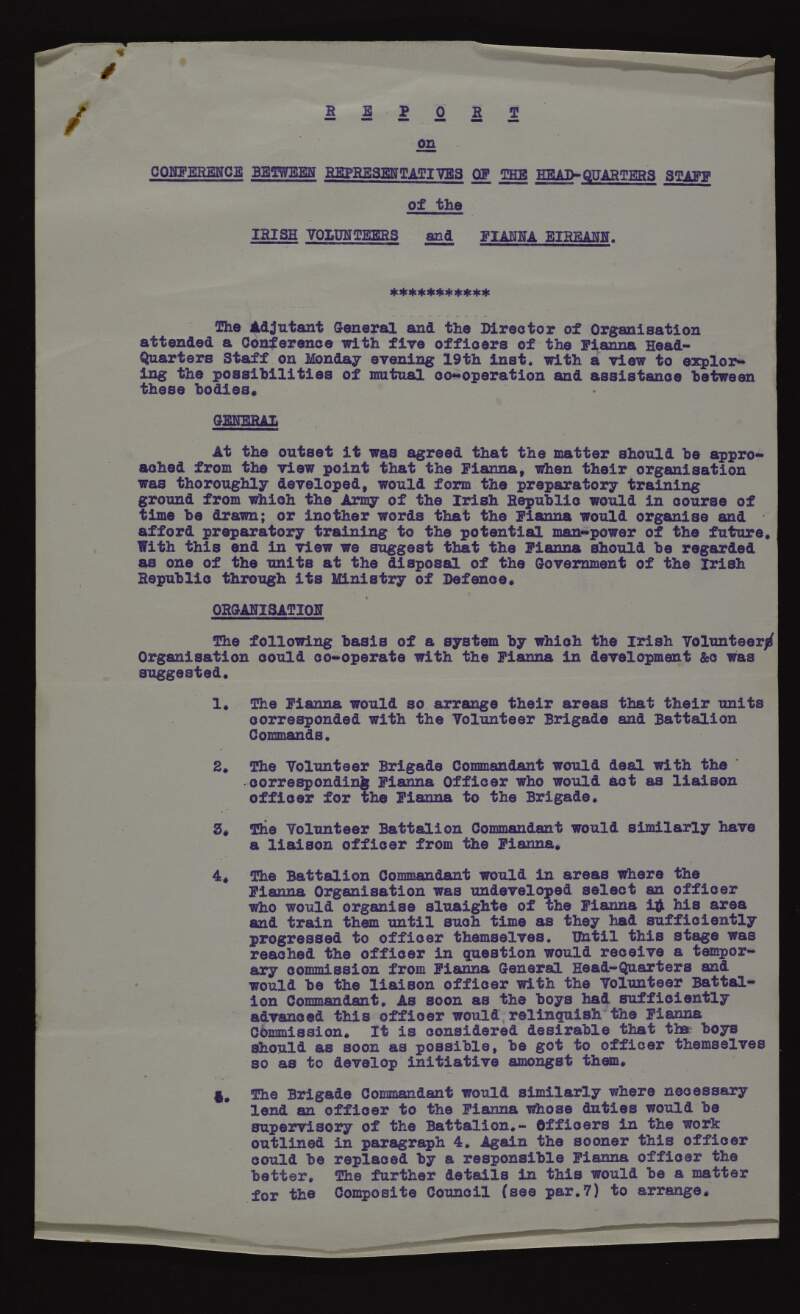 Report of the conference between representatives of the headquarters staff of the Irish Volunteers and the Fianna Éireann,
