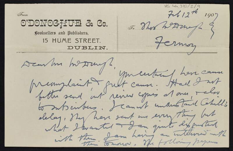 Letter from O'Donoghue & Co. to Thomas MacDonagh regarding the delay in the printing and also including a list of papers to which circulars will be sent to,