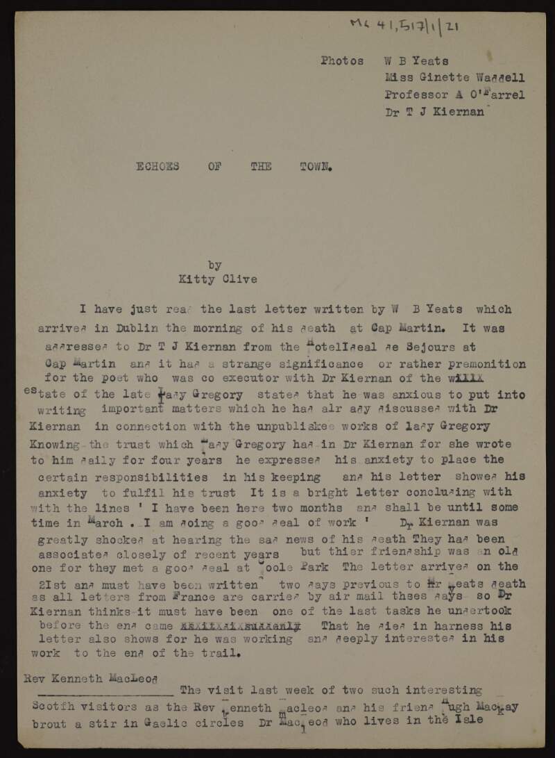 Partial draft of an 'Echoes of the Town' column about the last letter written by W.B. Yeats, by Kathleen O'Brennan under the pseudonym Kitty Clive,