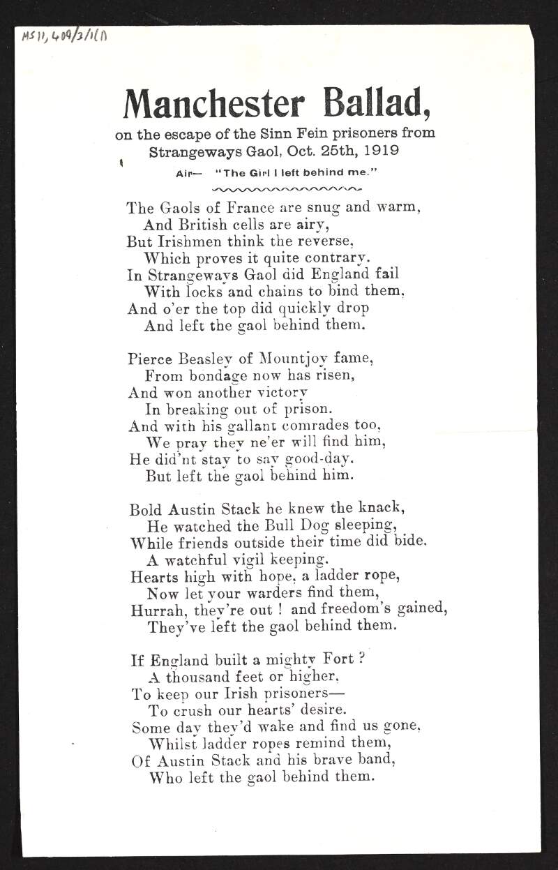 Lyrics to the "Manchester Ballad" celebrating the escape from Strangeways Gaol of Sinn Féin prisoners on 25 October 1919,