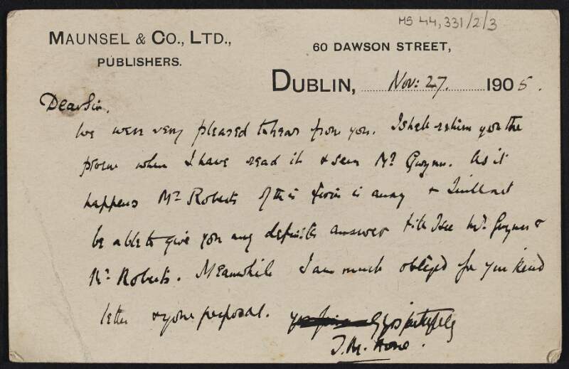 Postcard from publishers Maunsel & Co. to Thomas MacDonagh regarding a proposal made by him,