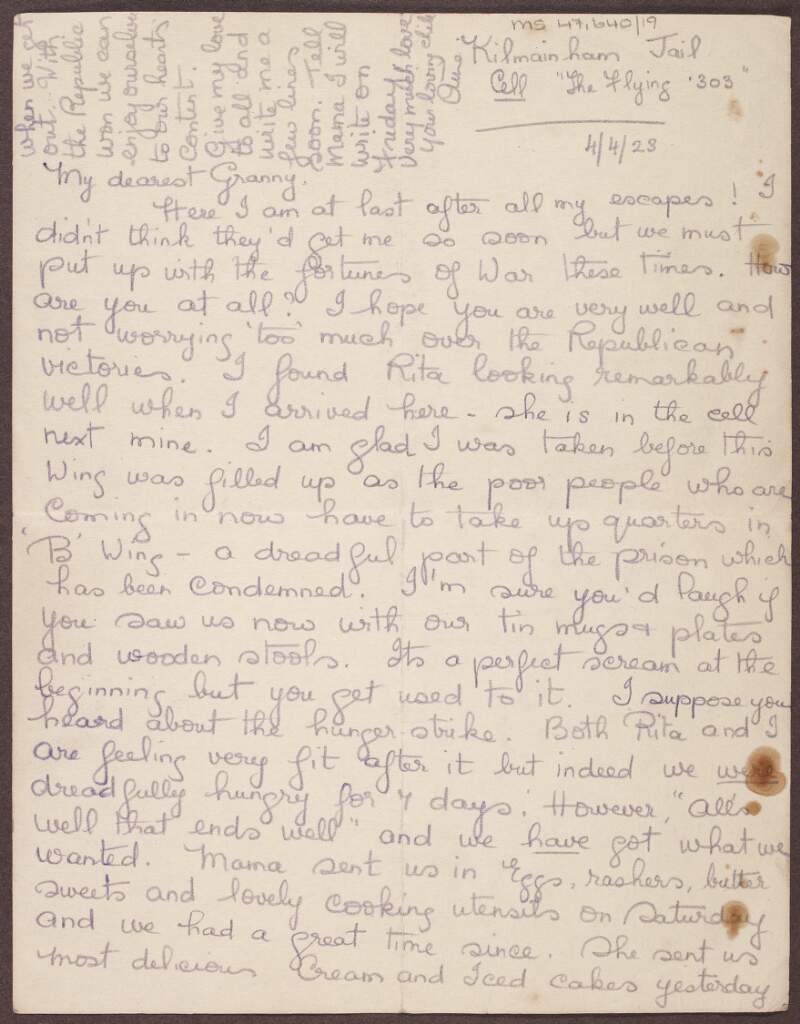Letter from Annie O'Farrelly to her grandmother from Kilmainham Jail regarding her seven-day hunger strike and prison activities,