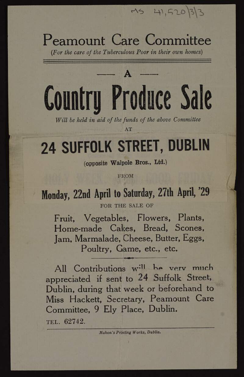 Flier advertising a country produce sale in Dublin to raise funds for the Peamount Care Committee,