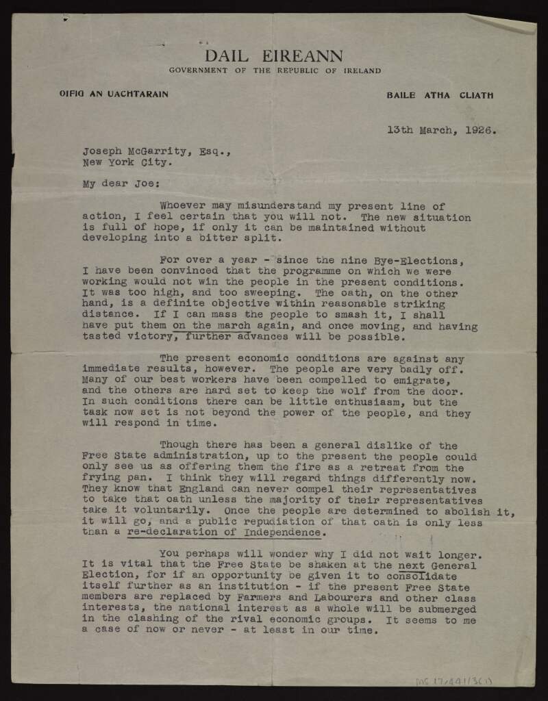 Typescript letter from Éamon De Valera to Joseph McGarrity regarding his new political programme centered around the repudiation of the oath of allegiance,