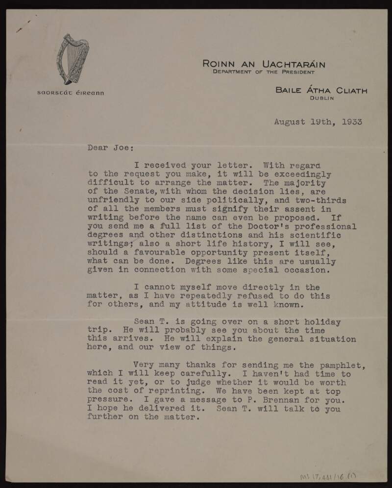 Typescript letter from Éamon De Valera to Joseph McGarrity regarding the granting of an honorary degree to "the Doctor",