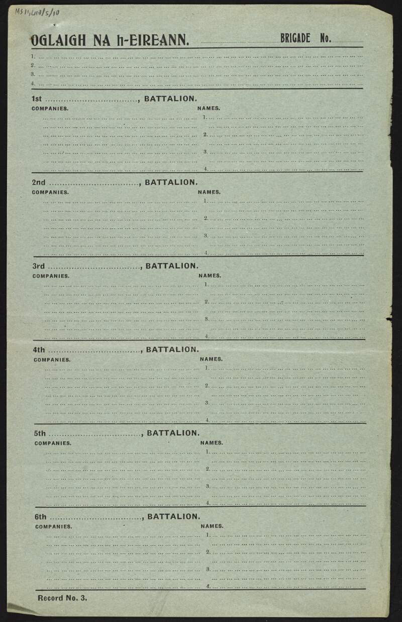 Blank form from IRA GHQ for brigades to fill in the names of members of their battalions and companies,
