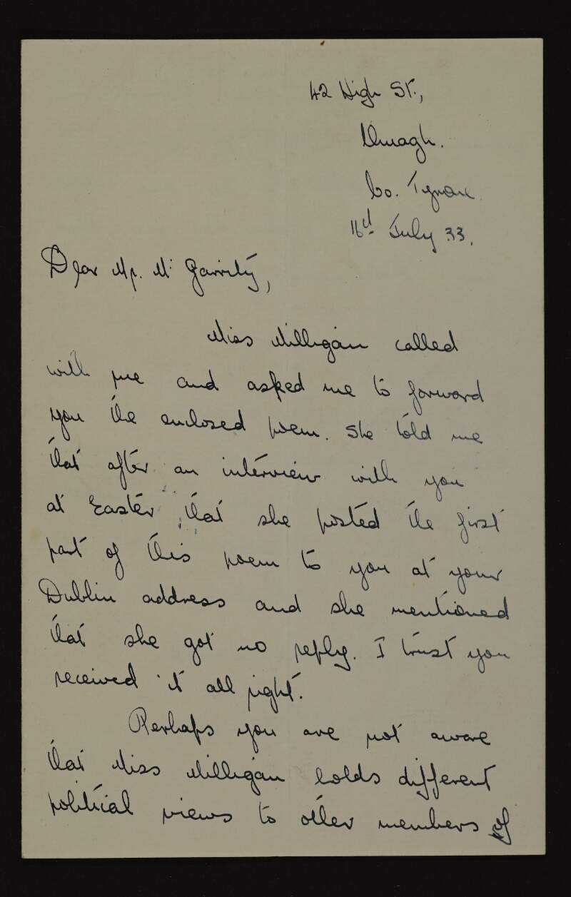 Letter from Pat Flanagan to Joseph McGarrity enclosing a poem by Alice Milligan and asking McGarrity to communicate with him instead of Milligan directly as her family hold different political views to hers,