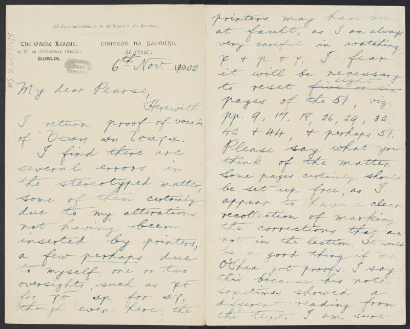 Letter from J. H. Lloyd [Seosamh Laoide] to Padraic Pearse regarding errors in a proof of 'Bean an Leasa' and the wage of his position as general editor of the Publications Committee of the Gaelic League,