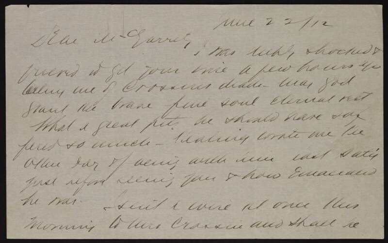 Letter to Joseph McGarrity from "Ryan" on the death of William Crossin,