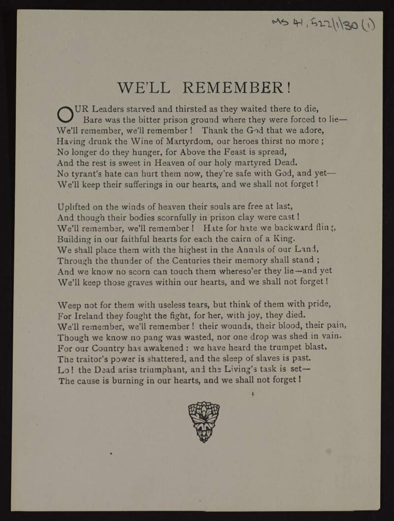 'We'll remember', a poem by an unidentified author,