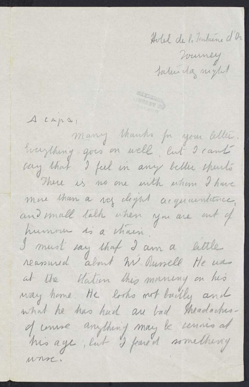 Letter from Mary Hayden to Padraic Pearse regarding the health of Mr. Russell whom she met at the station and also her own health matters,